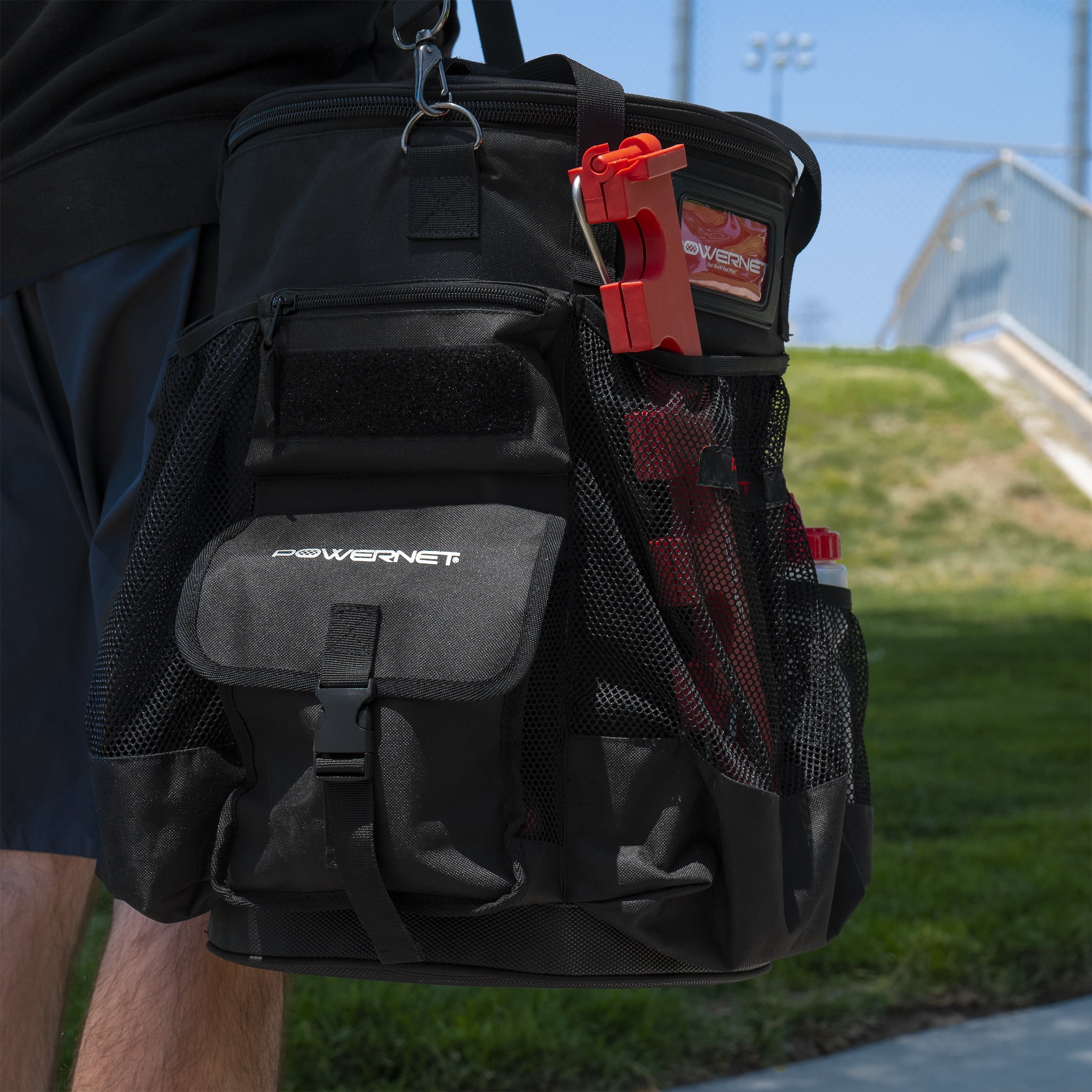 PowerNet Shoulder Bucket Caddy, Ball Bucket Bag with Padded Shoulder Strap & Pocket Organizer, Carry or Store Softball & Baseball Gear (Shoulder Bag)