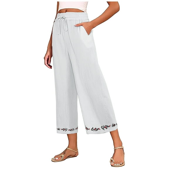 Lenpel Women's Capri Pants Elastic High Waisted Embroidered Wide Leg Cotton Linen Casual Trousers Cropped Beach Pants