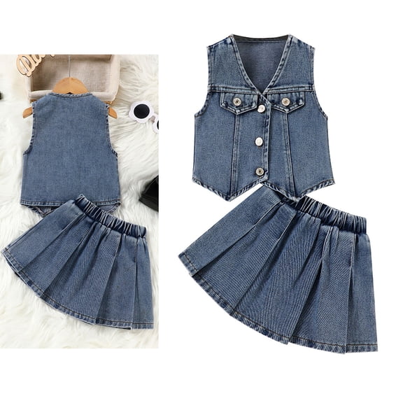 Girl's Y2K Two Piece Cute Outfits Denim Sleeveless Vest with Pleated Skirt Jean Skirts for Girls 18 Months-2 Years