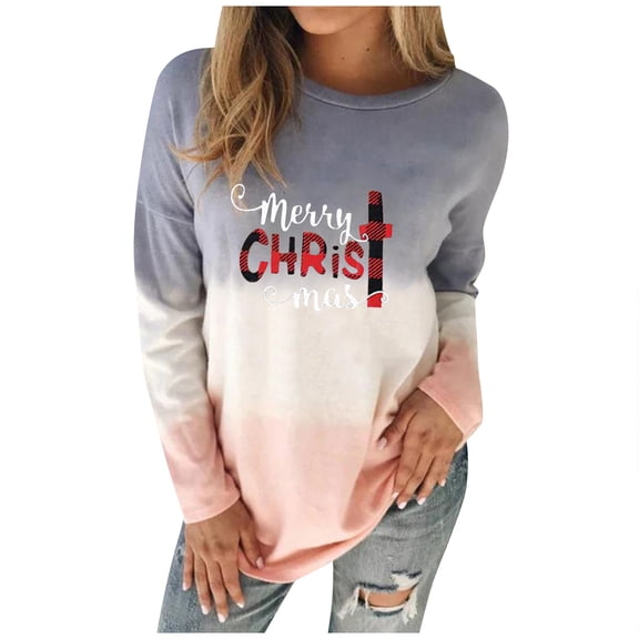 asdoklhq Christmas Clothes for Women on Clearance Under $10 Women O-neck Christmas Long Sleeves Tops Blouse Gradient Sweatshirt