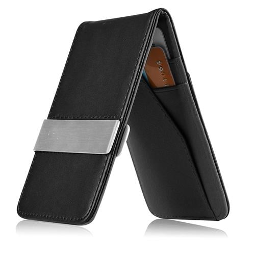 Mens Genuine Leather Silver Money Clip Slim Wallets Black ID Credit Card Holder