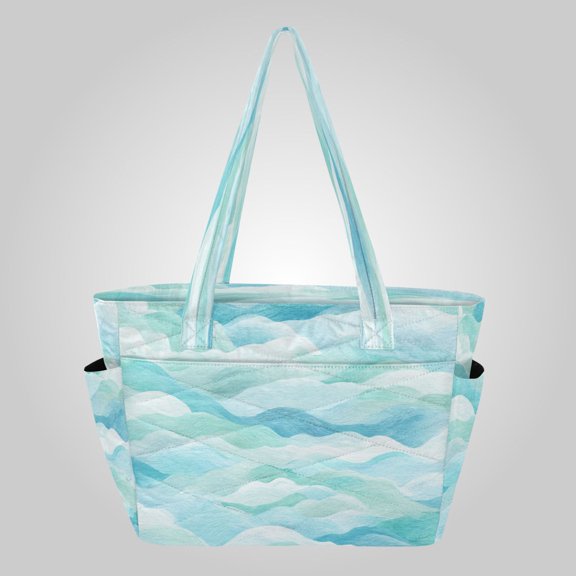 Quilted Tote Bag Large Capacity Multi-Compartment Handbag Lightweight Structured Shoulder Bag Versatile Casual Bag Serene Coastal Wave Print