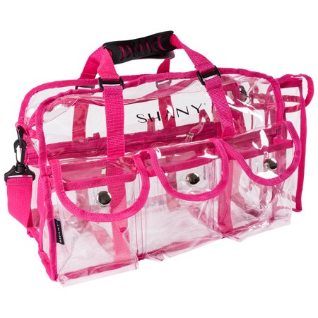 Shany Clear Pvc Makeup Bag Large Professional Artist Rectangular Tote With Shoulder Strap And 5 External Pockets Pink