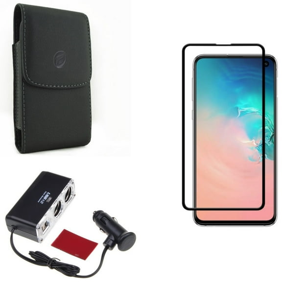 Galaxy S10e Screen Protector w Case Belt Clip w Car Charger Splitter - Tempered Glass 5D Curved Edge, Leather Holster Cover, DC Socket 2-Port USB Power for Samsung Galaxy S10e Phone