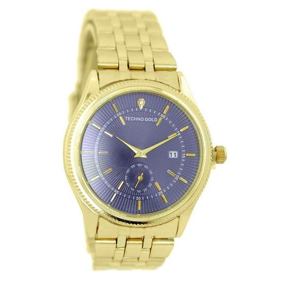 Mens Gold-Tone Busness Clubbing Watch 41mm 10.5mm thick. Blue dial with sub-dial and calendar date window, 18mm wide gold-tone metal link bracelet fits 8 inches wrists.