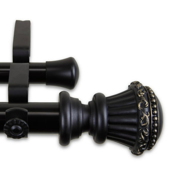 Contemporary Home Living 126-Inch Black and Gold Double Curtain Rod Striped End Knobs