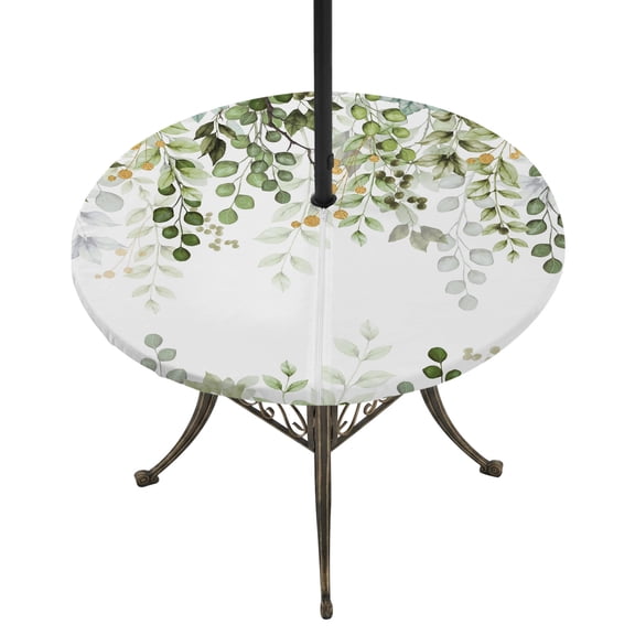 Round Outdoor Tablecloth with Umbrella Hole and Zipper, Green Eucalyptus Leaves Fitted Table Cover with Elastic Edge for 45-54 Inch, Summer Botanical Weeping Waterproof Patio Tablecoths for Picnic
