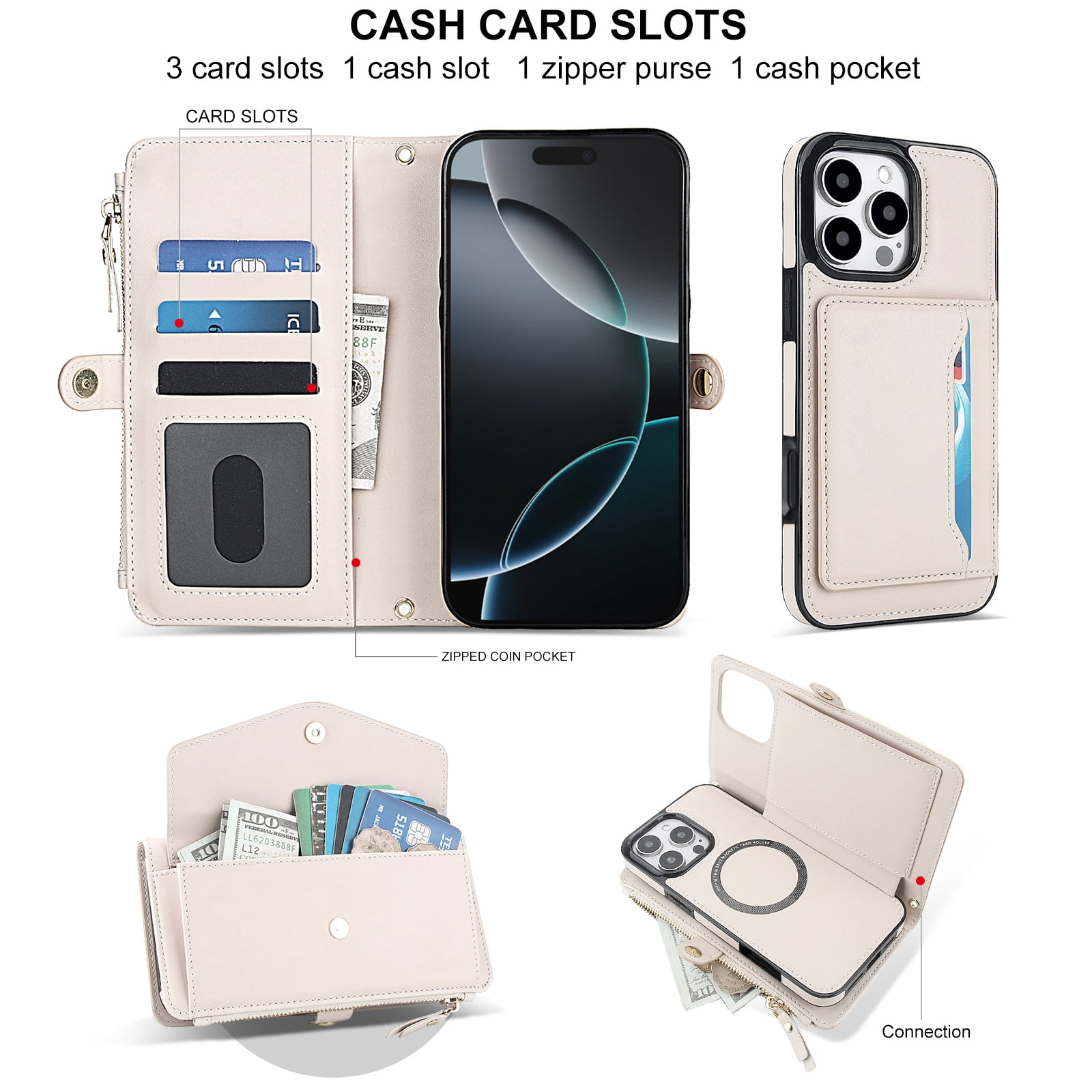 Dteck Crossbody Wallet for iPhone 15 Pro with Detachable Magnetic Phone Case, Compatible with MagSafe, RFID Blocking PU Leather Flip Cover Wrist Strap Zipper Card Holder Slots,White