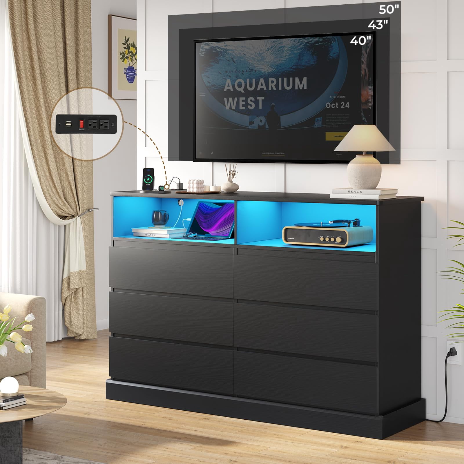 6 Drawer Dresser for Bedroom with LED Lights and Charging Station, Large Chest of Drawers for Bedroom Living Room, Black