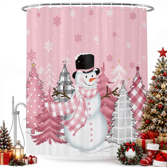 Snowman Pink Christmas Snowflakes Shower Curtain for Bathroom, Winter Plaid Xmas Tree Waterproof Shower Curtains Washable Quick Dry with Hooks Bathtub Curtains 36x72IN