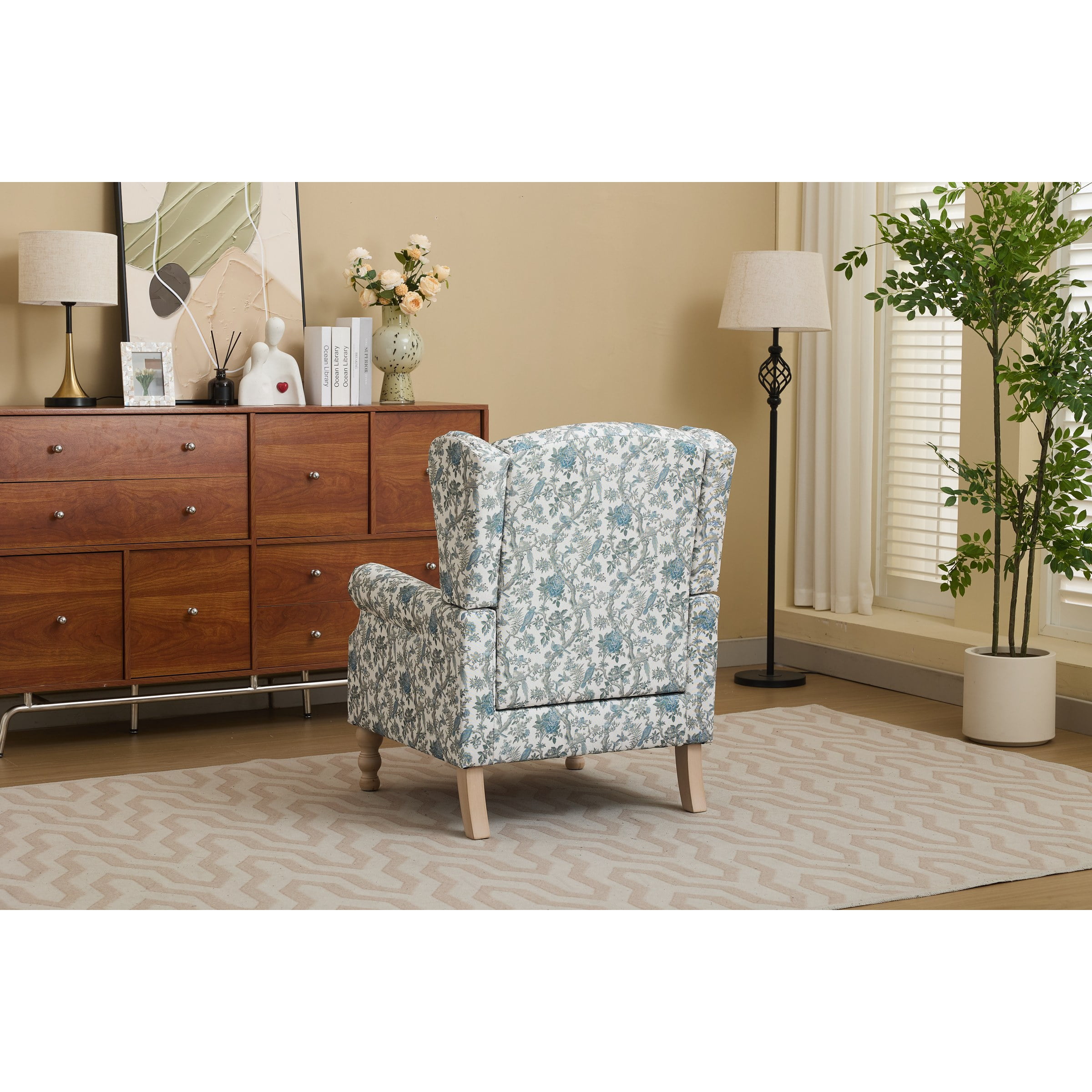 Modern Accent Chair with Retro Wood Legs, Comfy Upholstered Armchair, Floral Design Single Sofa Chair for Living Room Bedroom Office