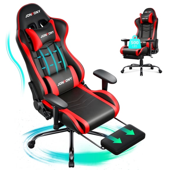 JONPONY Big and Tall 500LBS Gaming Chair, Ergonomic Design, Gamer Chair PU Leather with Footrest and Lumbar Support, High Back Office Chair Support 8 Hours Long Sitting, Computer Chair,Red