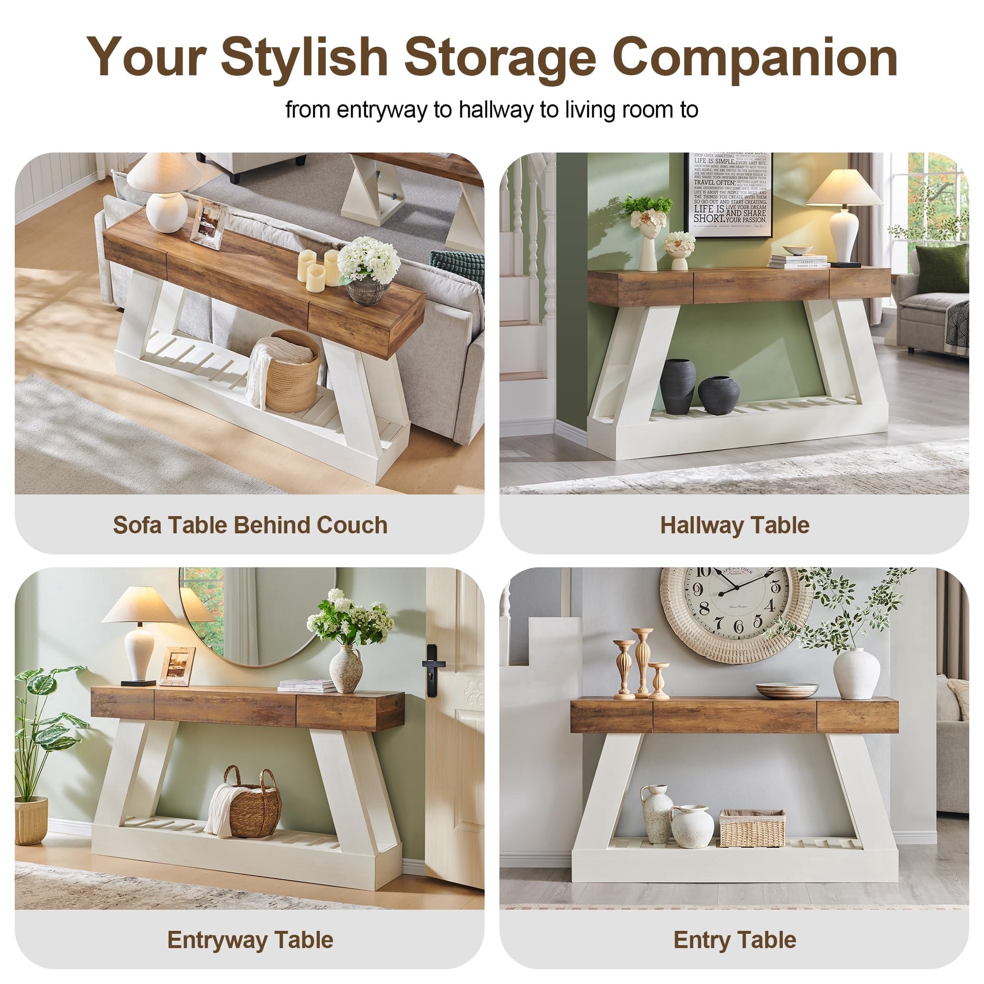 OKD 60" Wood Console Table, Farmhouse 2-Tier Sofa Table Entryway Table with Drawer & Heavy Duty Base for Entrance, Hallway, Living Room - Antique White