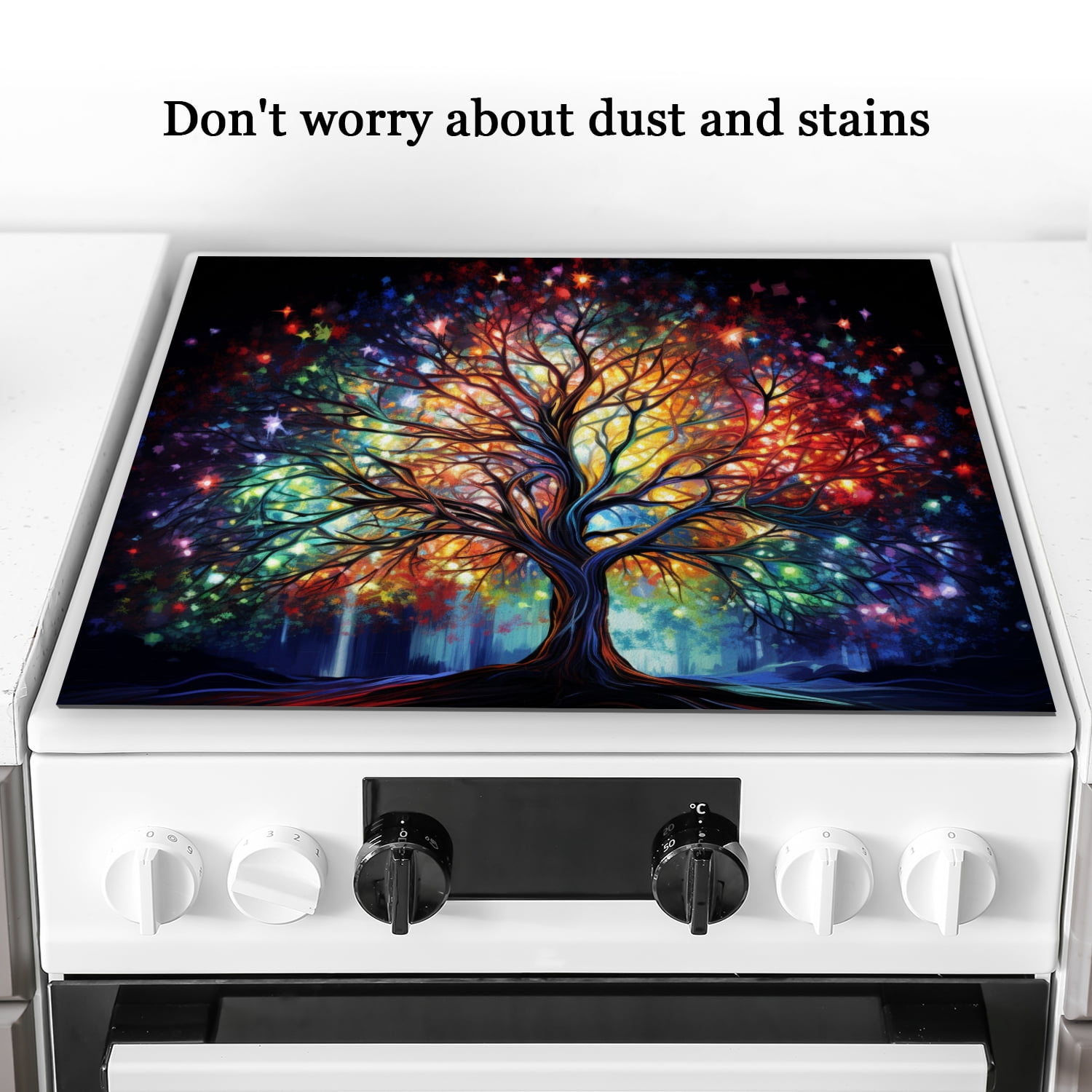 Cooktop Covers For Electric Glass Top, Colorful Huge Tree Pattern Heat Resistant Flat Stove Top Cover, Square Foldable Decoration Mat for kitchen RV (28×20 Inch)