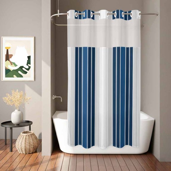Minimalist Shower Curtain, Dark Blue Gradient Gray Stripe Waterproof No Hooks Bath Shower Curtain with See Through Top Window for Bathroom Bathtub 36x72in