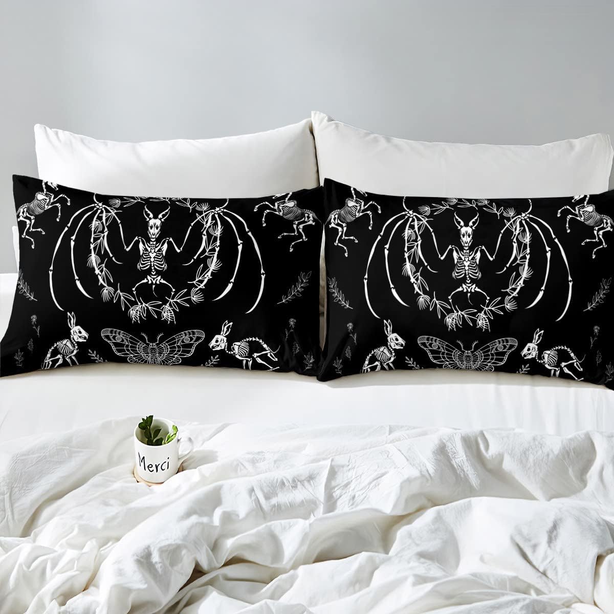 Bat Skeleton Skull Duvet Cover Queen Size for Kids Teens Adults Home Room Decor,  Boho Moth Gothic Skull Bedding Set 3pcs, Halloween Themed Comforter Cover  Horror Room Quilt Cover, 2 Pillowcases