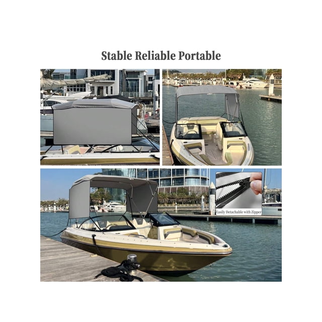 Eastvita 4 Bow Bimini Top Boat Cover with 1Inch Aluminum Alloy Frame. Includes 2 Straps/2 Adjustable Rear Support Poles/a Zippered Storage Boot. Made of PU Coating Canvas