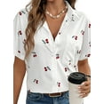 thumbnail image 2 of Women'S Cherry Print Short Sleeve Blouse Collar Button Down Textured Casual Shirts White S, 2 of 9