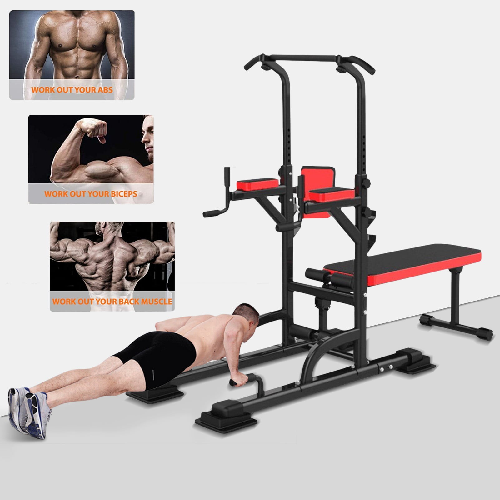 Power Tower Dip Station Chin Pull Up Bar Strength Barbell Bench Home Gym Fitness 
