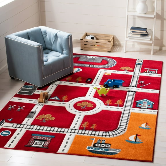 SAFAVIEH Carousel Kids Devan Train Track Area Rug, Red/Ivory, 6'7" x 9'