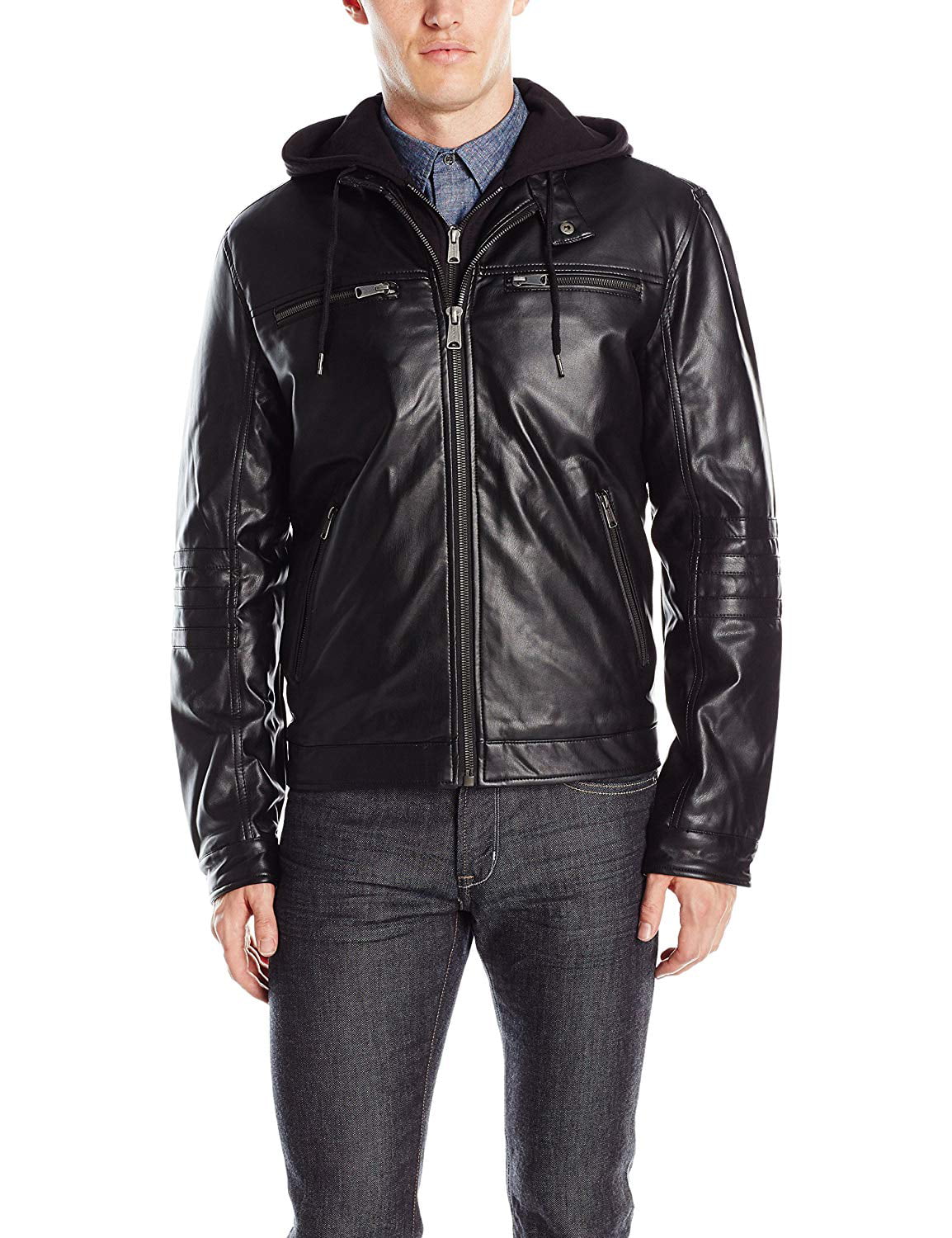 Lucky Brand NEW Black Mens Size Large L Moto Hood Faux Leather Jacket ...