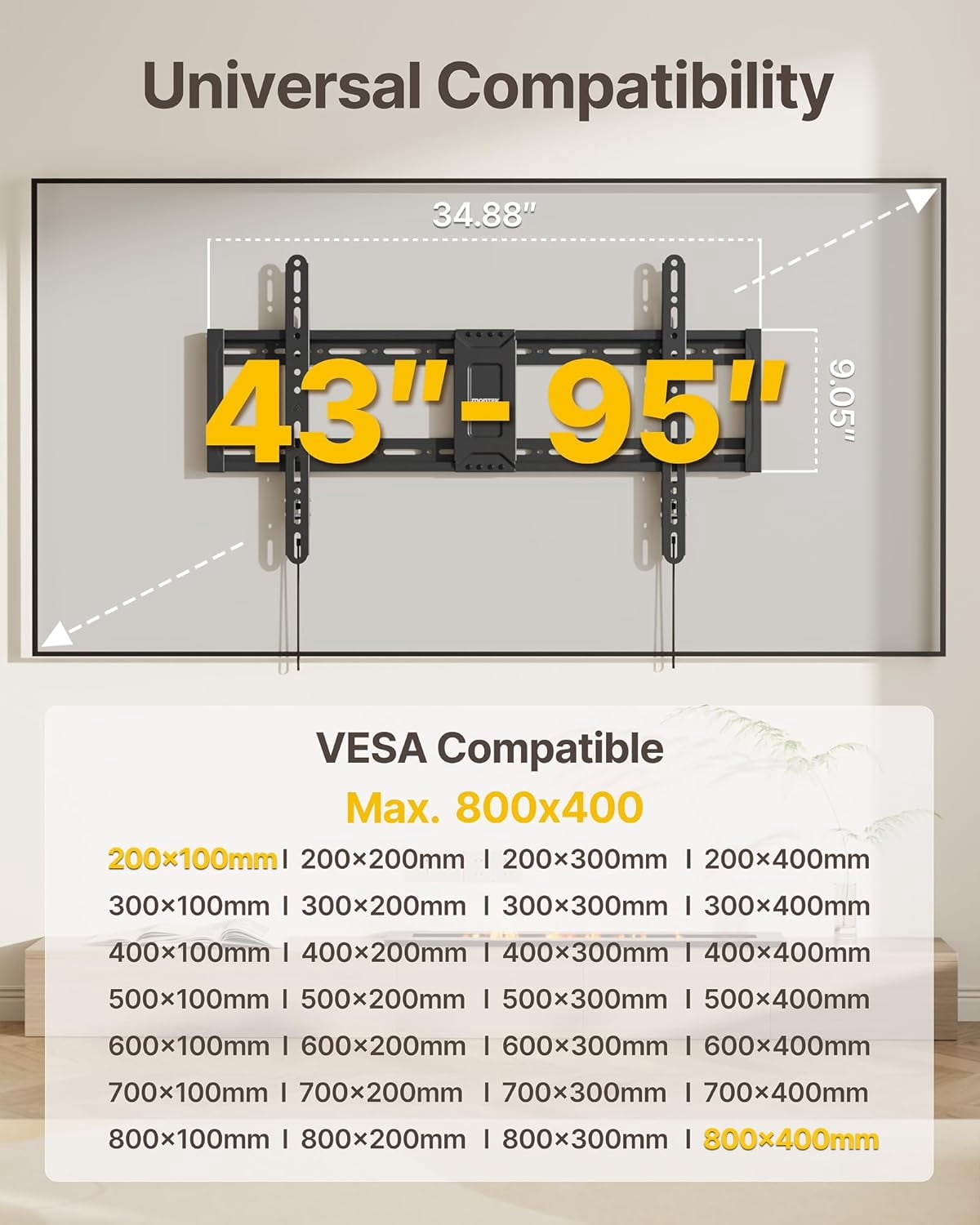 monTEK Heavy Duty Fixed TV Wall Mount for 43–95" TVs, 200 lb Capacity, 1.1" Ultra Slim Low Profile, VESA 200x200–800x400, Fits 16"/18"/24" Studs