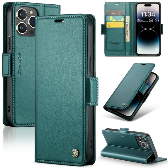 Nalacover Wallet Case for iPhone 13 Pro Max, Premium PU Leather RFID Blocking Magnetic Clasp Cover with Card Slots Holder Kickstand TPU Shockproof Case for iPhone 13 Pro Max,Green