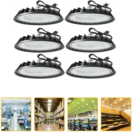 6PCS 200W UFO LED High Bay Light 6000K IP65 w/4' Cable & Plug for Shop Warehouse
