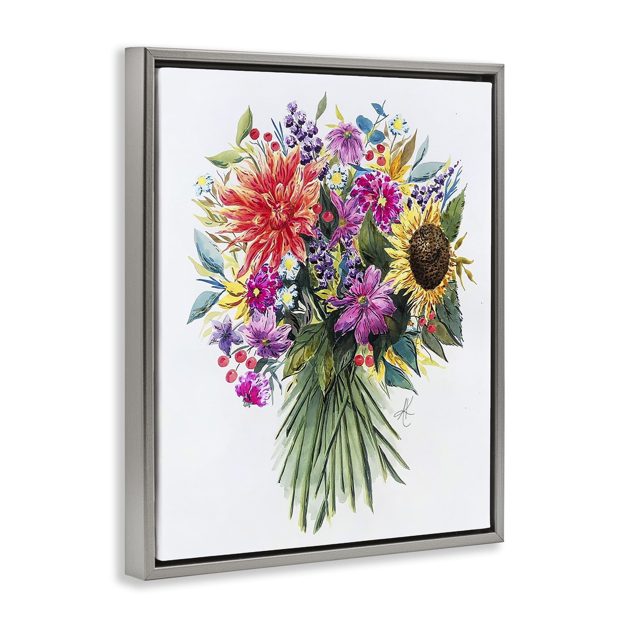 Stupell Industries Bright Wildflower Bouquet Botanical & Floral Painting Gray Floater Framed Art Print Wall Art, 17 x 21