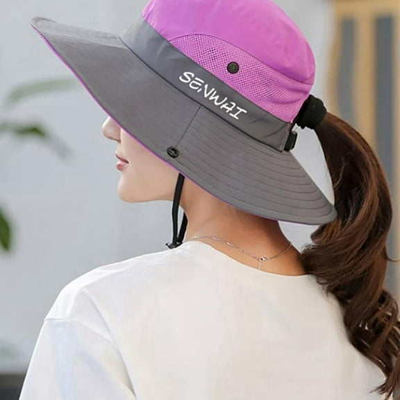 Bucket Wide Brim Hat, Outdoor Quick Drying Breathable Cap, Packable Foldable Sunshade Sun Ponytail Cap With Chin Strap