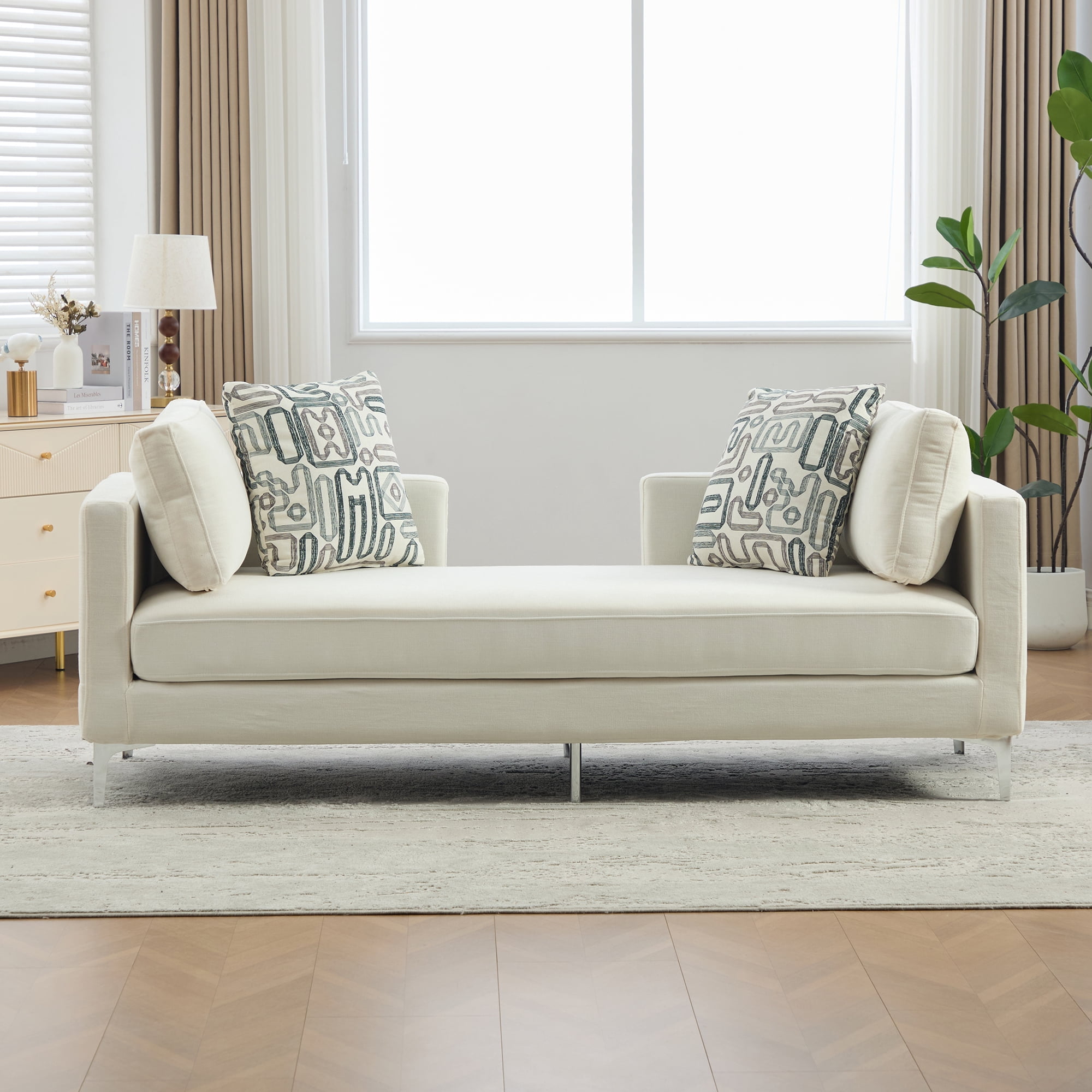 77.5-Inch Chenille Chaise Lounge with 4 Accent Pillows and Track Arms, Oversized Settee Daybed for Living Room and Bedroom, Ivory
