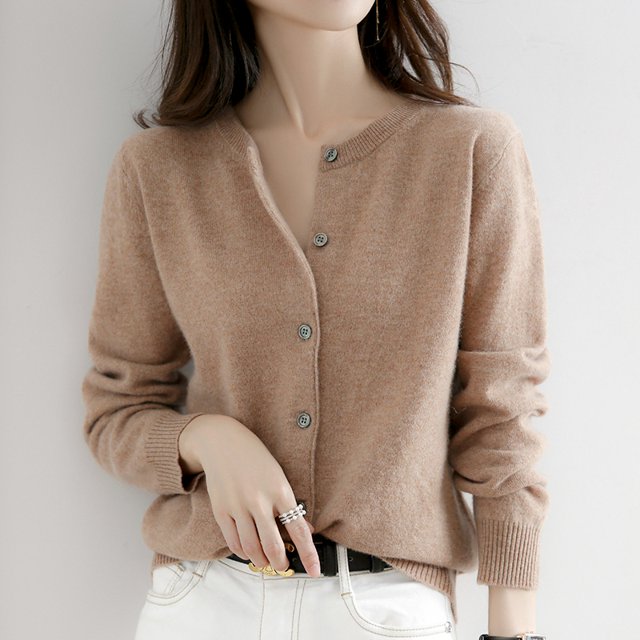 24 primavera y otoño nuevo cárdigan de punto con cuello redondo suéter fino para mujer suéter de lana de estilo occidental suelto y versátil Top C
