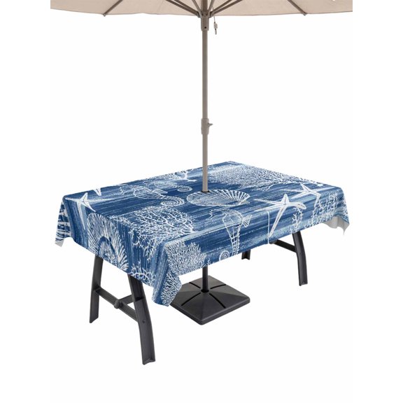 Outdoor Tablecloth with Umbrella Hole for Patio/Picnic/Party/Camping, Navy Blue Coastal Waterproof Table Cloth Rectangle Table Cover Washable, Nautical Coral Starfish Shell Seahorse Ocean (54"x 80")