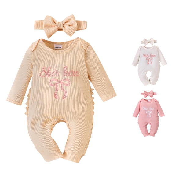 FINALGANG Baby Girls Crew Neck Long Sleeve Waffle Knit Letter Bow Embroidery Side Ruffle Jumpsuit Big Bow Headband Two Piece Outfit Sets Cozy Sets 3-6 Months
