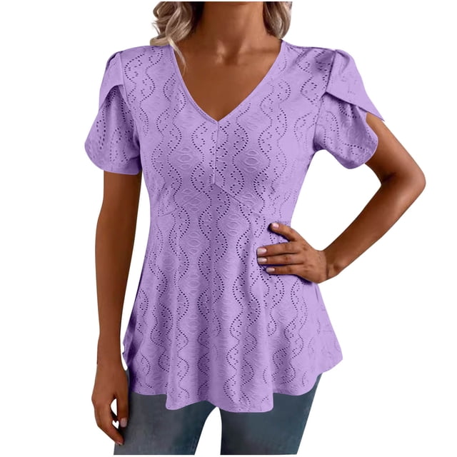 Liquidation! Hauts Grande Taille pour Femmes, Blouse à Manches Courtes d'Été pour Femmes, Mode Décontractée à Manches Courtes Unie Col en V Blouse