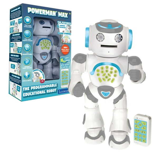 LEXiBOOK Powerman Max - Robot de juguete con control remoto que camina y habla STEM Bailes programables Canta Contando 10 000 historias Más de 300 pruebas de aprendizaje Discos de tiro y repetición de