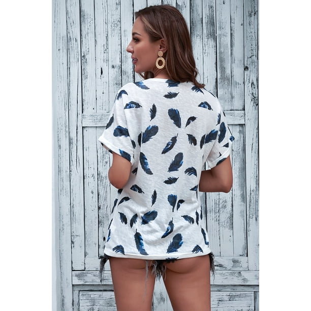ABPHQTO Camiseta de manga corta con estampado de plumas blancas para mujer