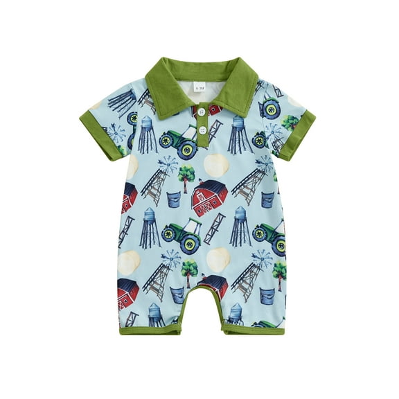 Suealasg Baby Boy Western Jumpsuit 3 6 12 18 Months Infant Short Sleeve Lapel Neck Cow Cactus Print Romper Pants Newborn Summer Clothes