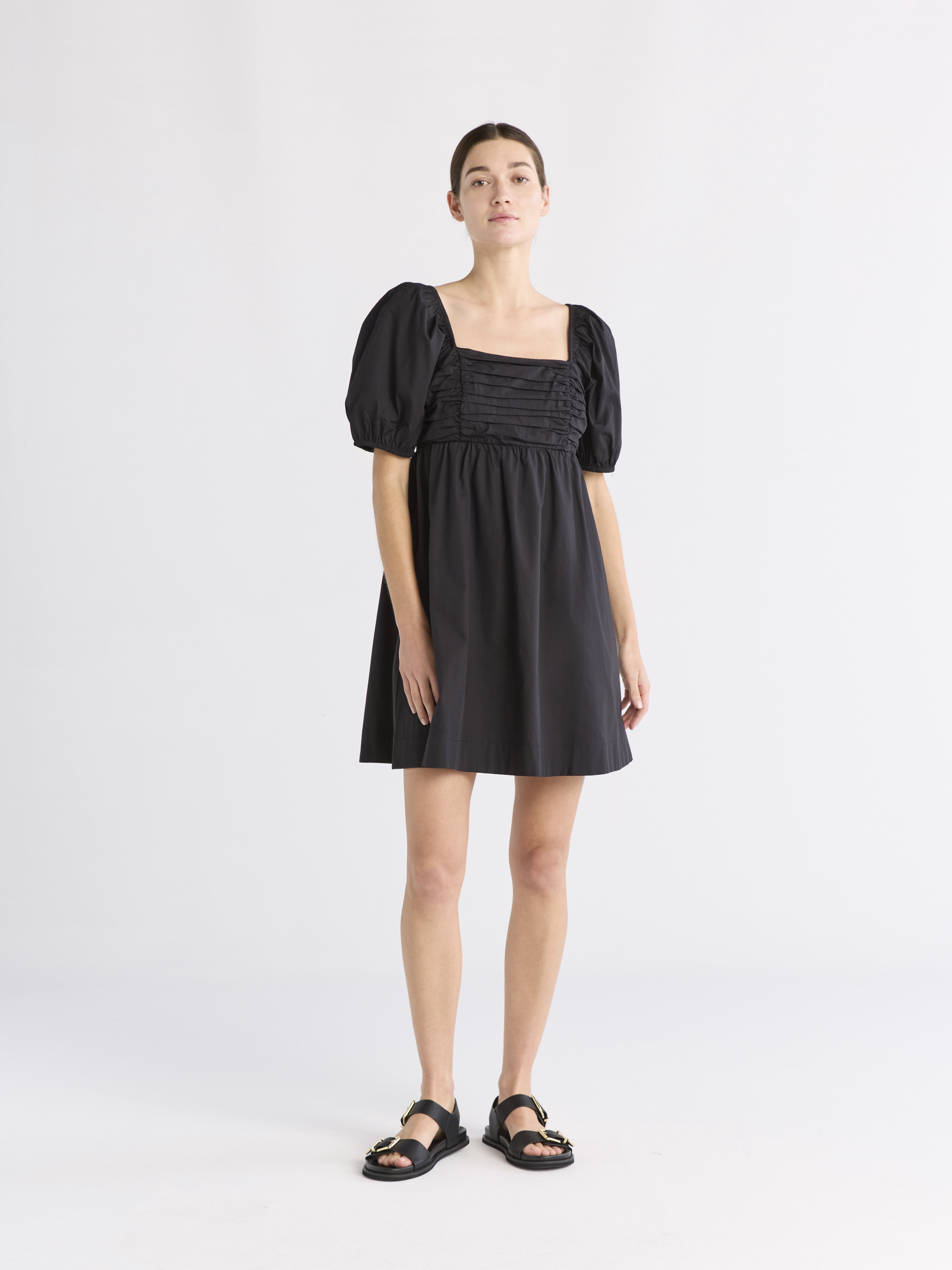 Free Assembly Women's Shirred Cotton Mini Dress with Puff Sleeves, Sizes XS-XXXL
