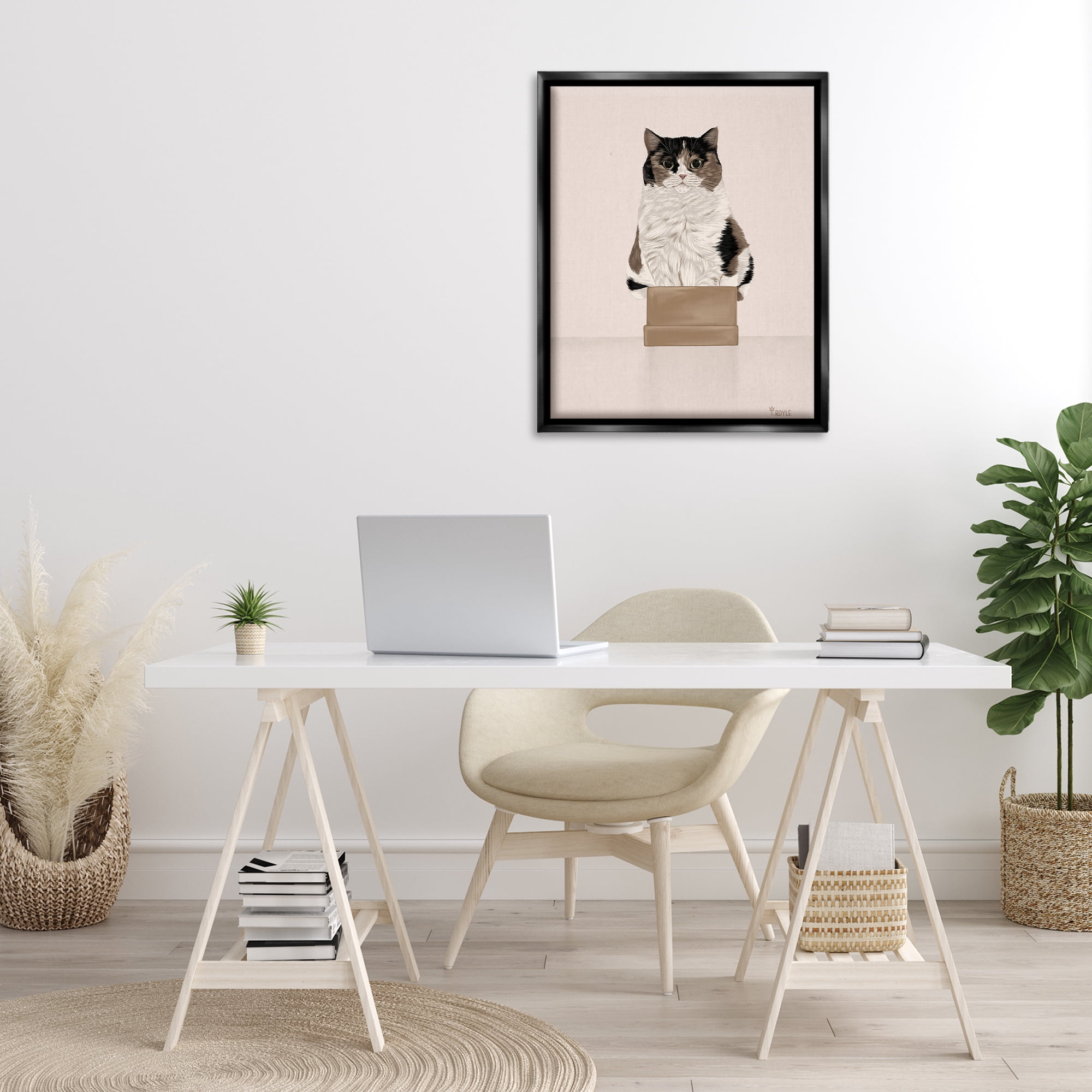 Stupell Industries Cat in Cardboard Box Animals & Insects Painting Black Floater Framed Canvas Art Print Wall Art, 25 x 31