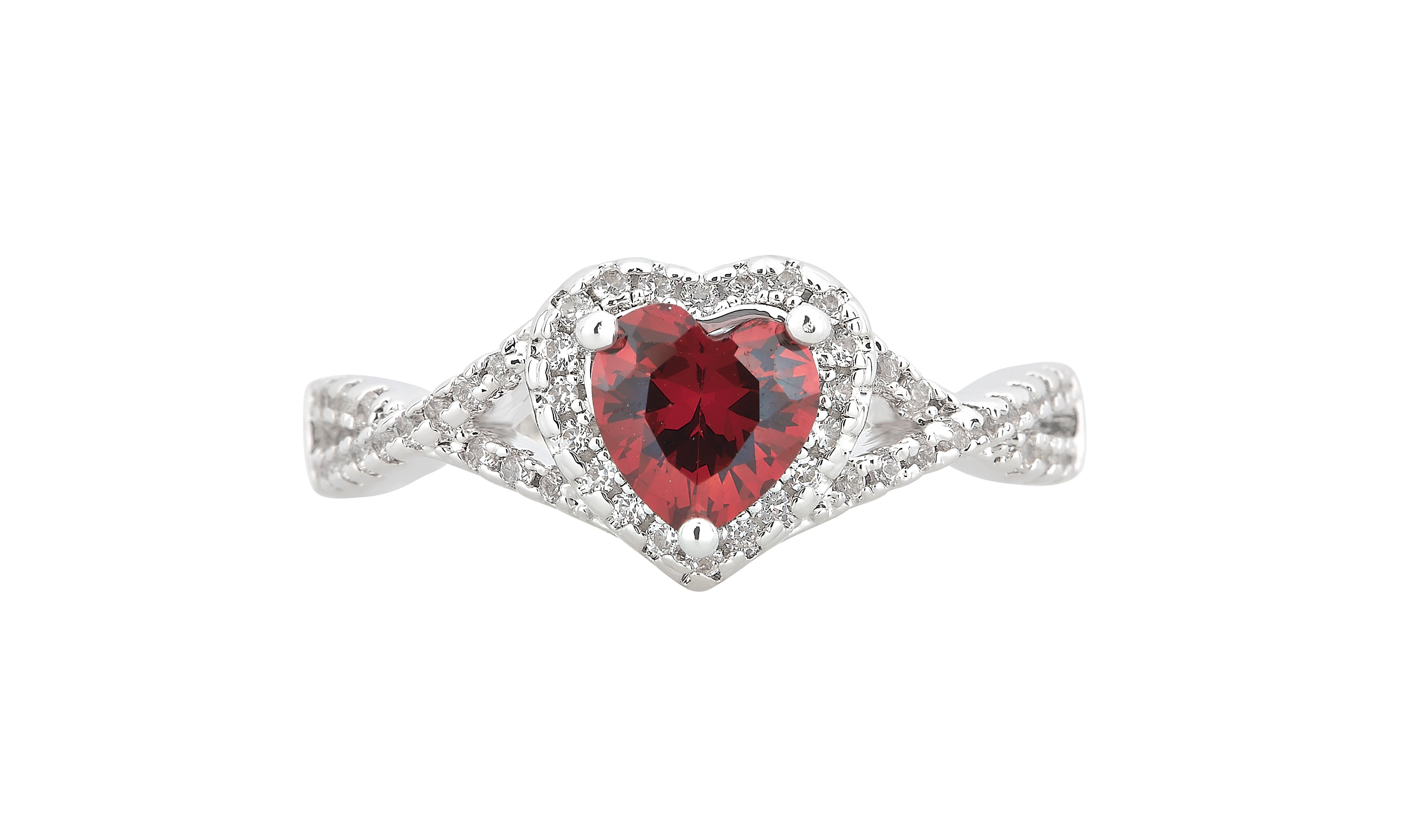 Arista Created Garnet and White Sapphire Women's Fashion Engagement Ring in Silver Overlay Brass