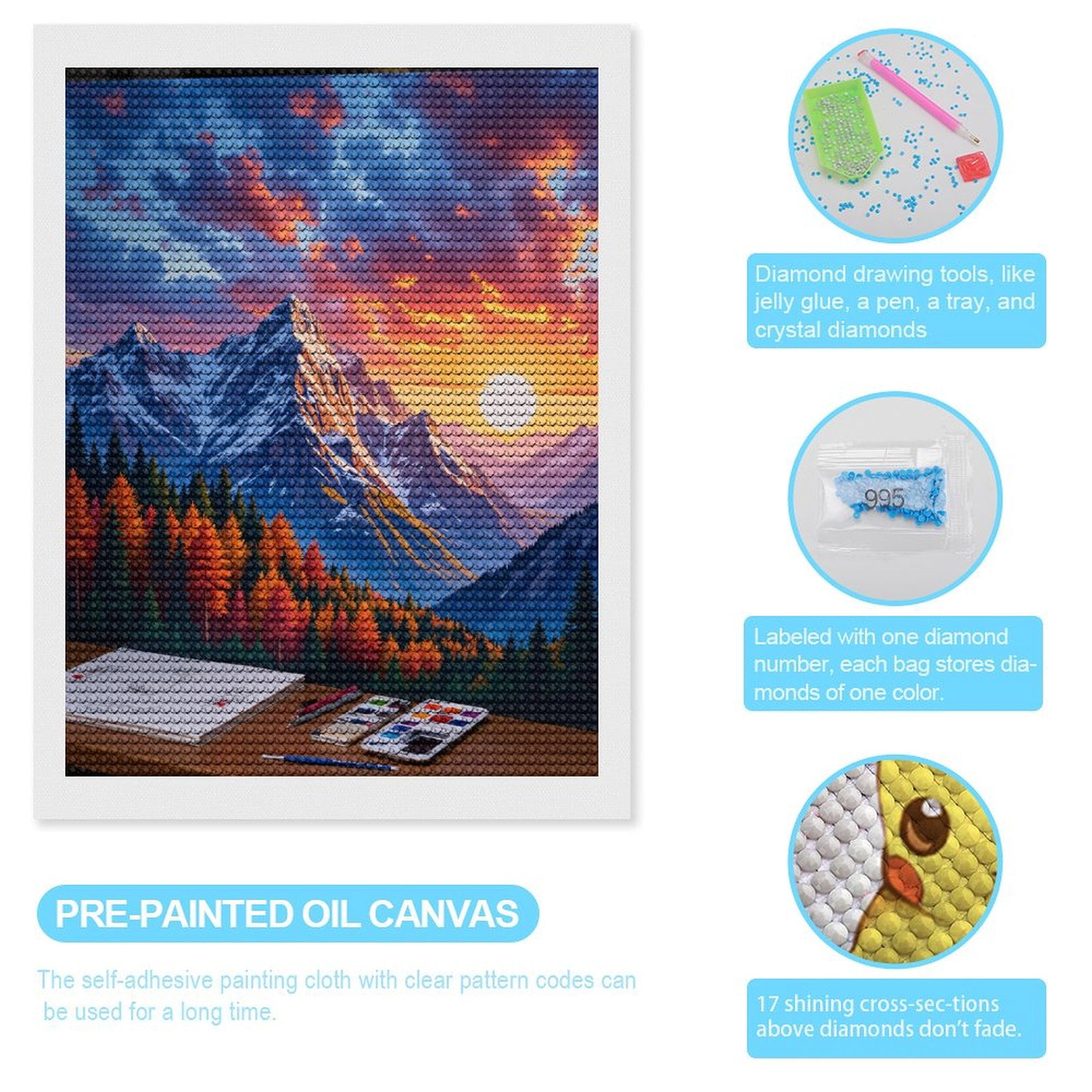 Diamond Art Kits for Adults - Mountain Sunset Art Canvas Painting 5d Diamond Painting for Adults, Diamond Art for Adults Beginners, Frameless Diamond Painting Kits for Adults for Home Wall Decor