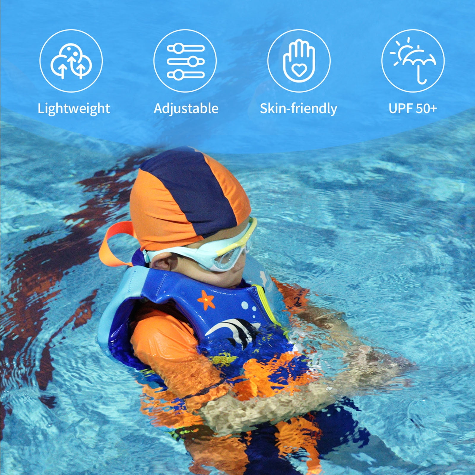 Gogokids Kids Life Jacket, Swim Vest Toddler Flotation Swimming Aid with Adjustable Safety Strap Bouyancy Swimwear,Blue Fish