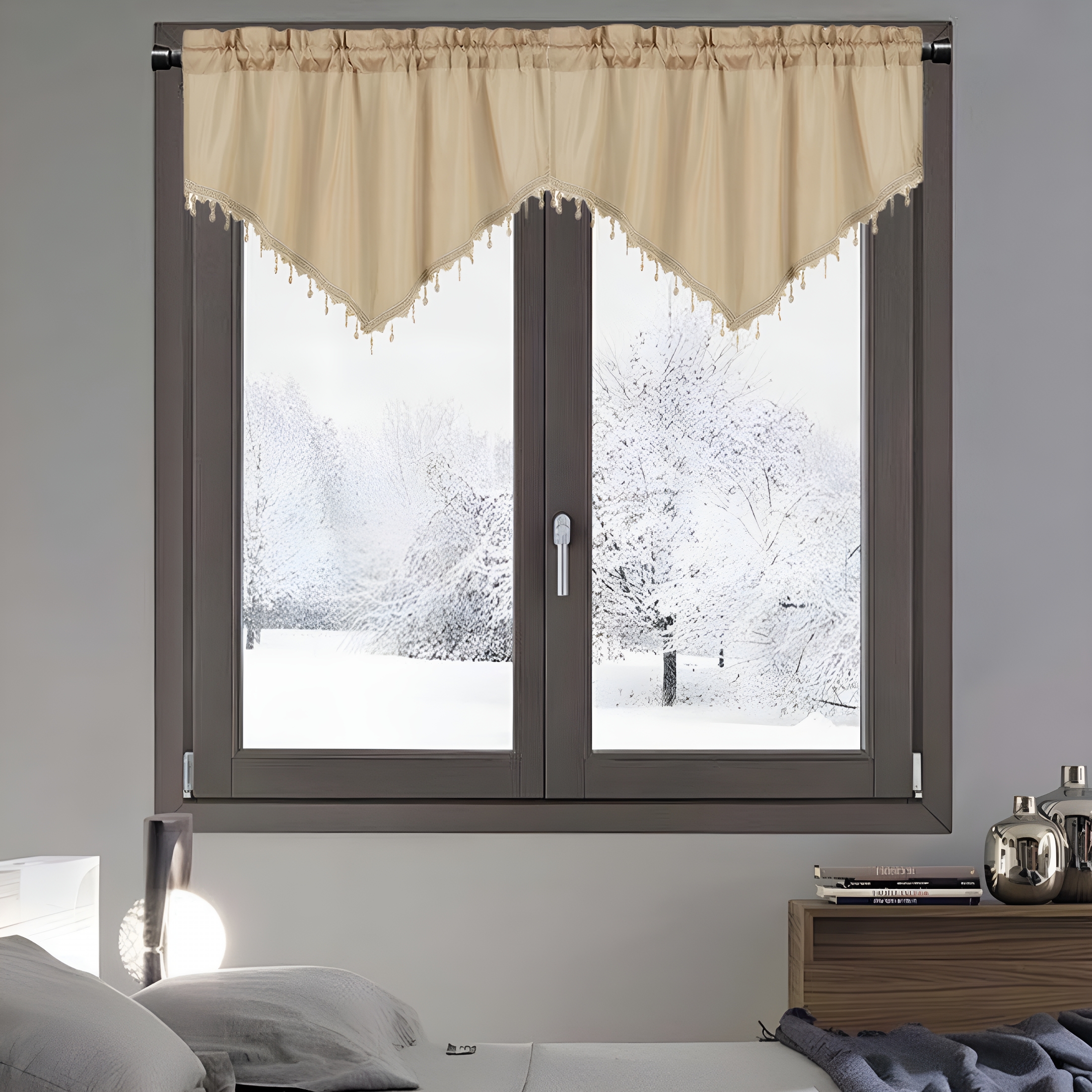 AUQ 2026 New Window Valances Curtains for Kitchen,Rod Pocket Triangle Farmhouse Valance Beads Trim Tassel Curtain Valances for Bedroom Bathroom Cafe,51 X 23" Length