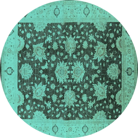 Ahgly Company Machine Washable Indoor Round Oriental Turquoise Blue Traditional Area Rugs, 8' Round