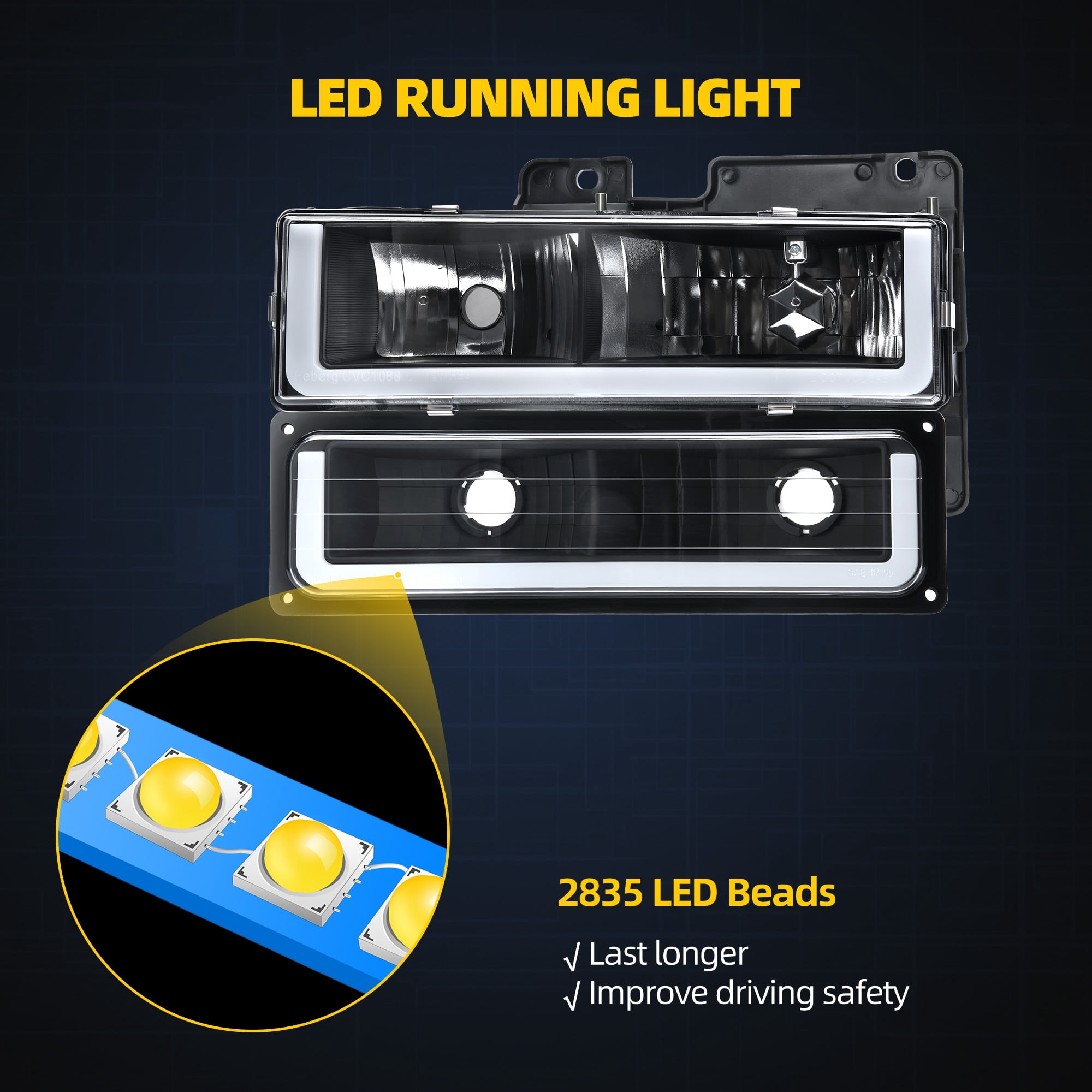 RVNI [U-LED DRL] Headlight+Bumper Lamps For 1990-1999 Chevy GMC C/K C1500 C2500 C3500