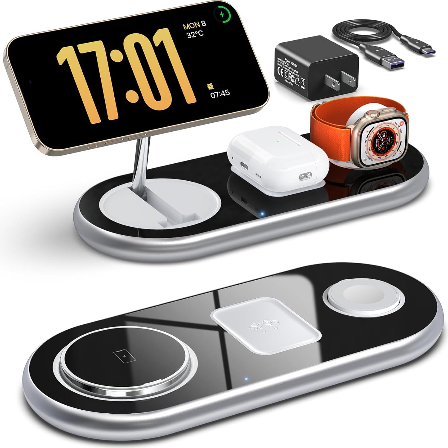 3 in 1 Charging Station for Apple - Faster Mag-Safe Charger Stand for iPhone - Magnetic Wireless Charger Station for iPhone 16/15/14/13/12 Series, Apple Watch Series, AirPods Pro (White)
