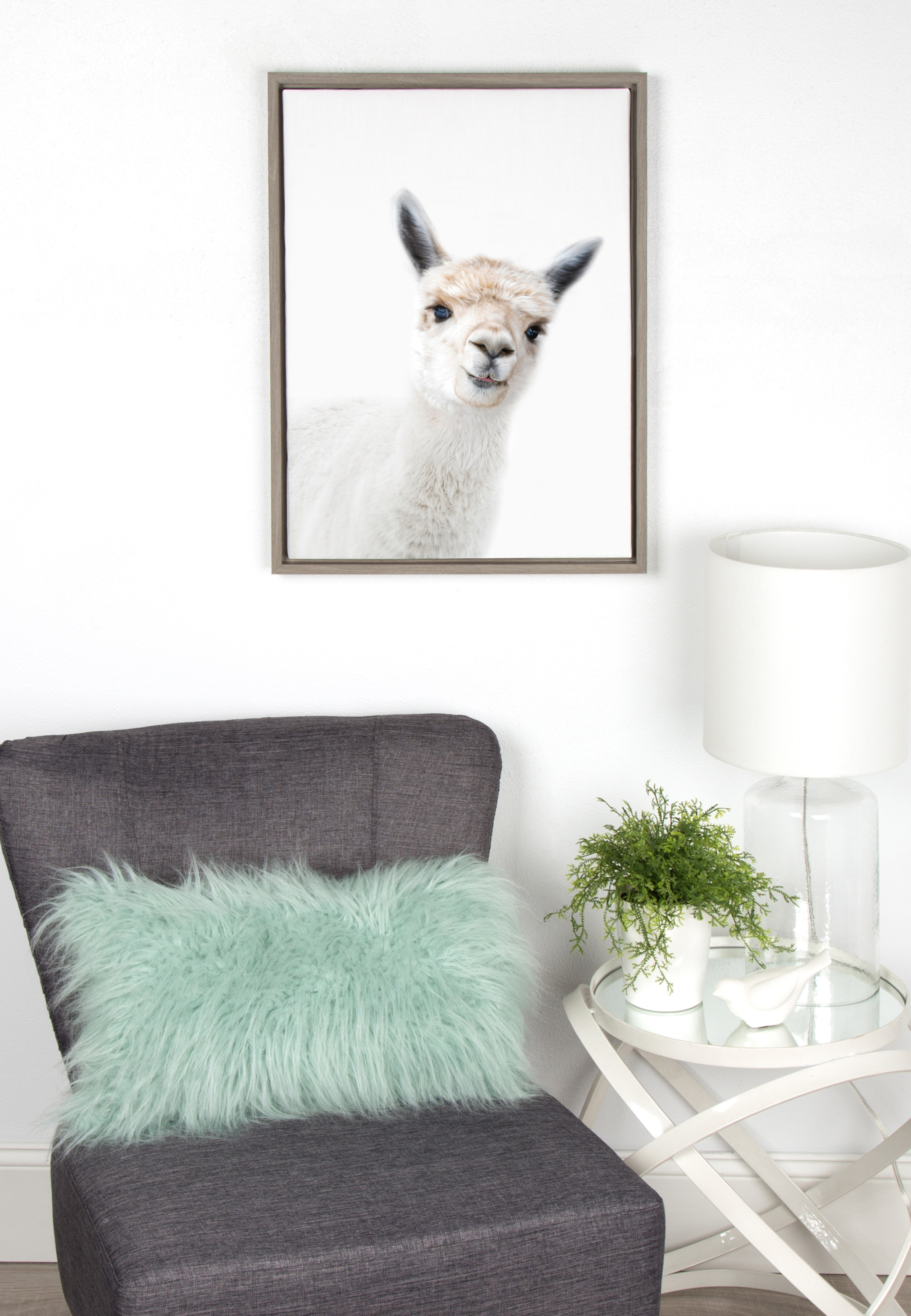 Kate and Laurel Sylvie Studio Alpaca Animal Print Portrait Framed Canvas Wall Art by Amy Peterson, 18x24 Gray