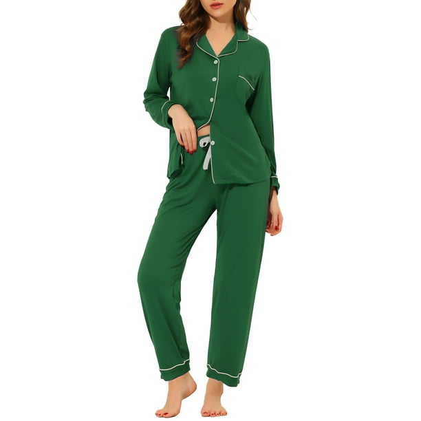 INSPIRAR CHIC Pijamas de Mujer Modal de Botón con Mangas Largas y Pantalones Conjunto de Ropa de Casa XL Verde