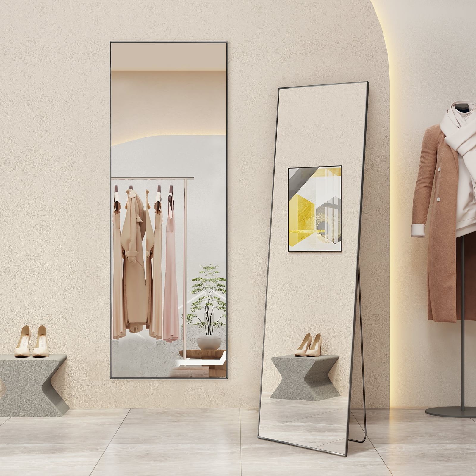 MAYEERTY Floor Standing Mirror, Wall Mirror with Stand Aluminum Alloy Thin Frame